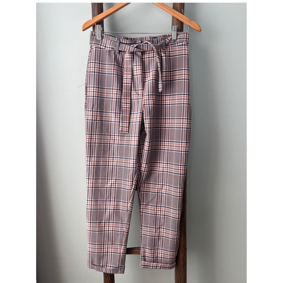 Nasty Gal Plaid Paper Bag Waist Pants with  Belt High Rise Casual Pants  Size 4 - Picture 2 of 8